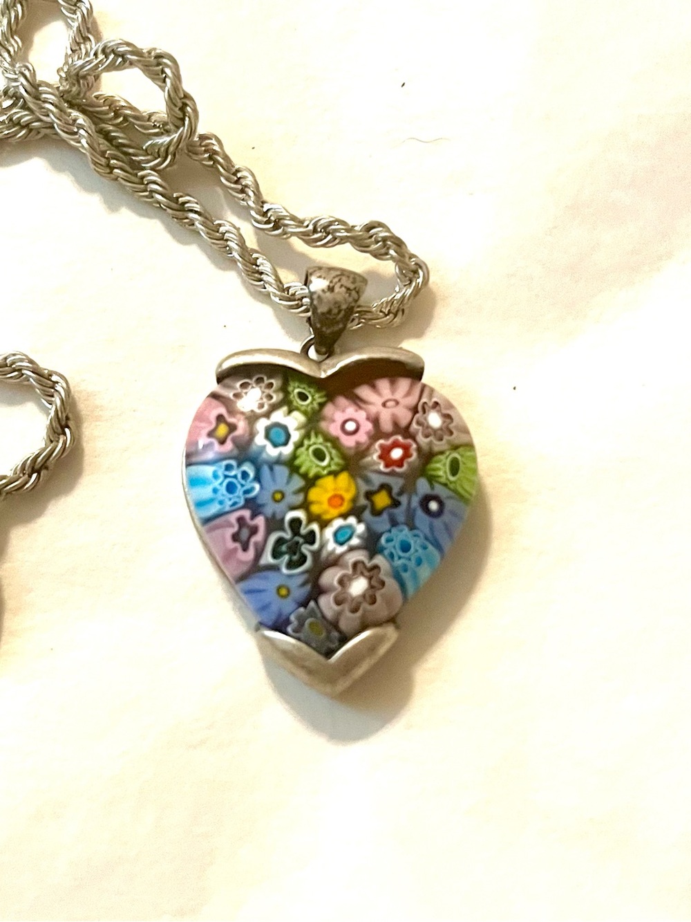 Vintage Sterling Millefiori Glass Pendant Necklace - Multicolor